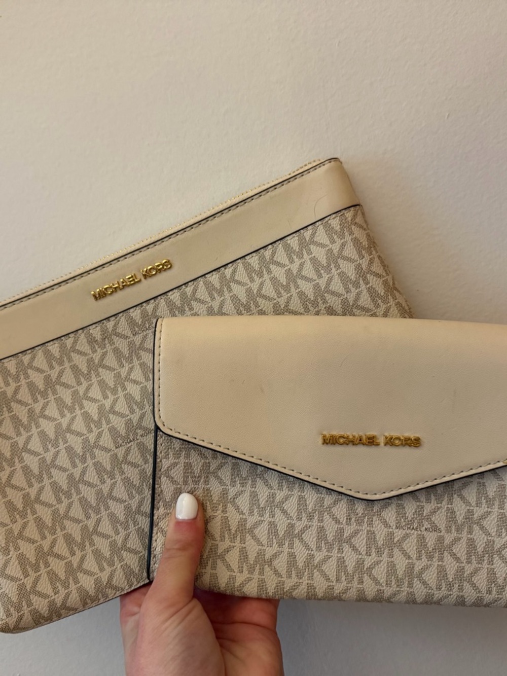 Michael Kors Beige and Cream Signature Canvas Wristlet & Clutch Set
